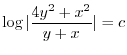 $\displaystyle \log{\vert\frac{4y^2 + x^2}{y + x}\vert} = c $