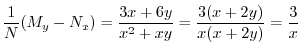 $\displaystyle \frac{1}{N}(M_{y} - N_{x}) = \frac{3x + 6y}{x^2 + xy} = \frac{3(x+2y)}{x(x+2y)} = \frac{3}{x} $
