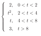 $\displaystyle{ \left\{\begin{array}{rl}
2,& 0 < t < 2\\
t^2,& 2 < t < 4\\
t,& 4 < t < 8\\
3,& t > 8
\end{array}\right. }$