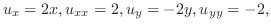 $\displaystyle u_{x} = 2x, u_{xx} = 2, u_{y} = -2y, u_{yy} = -2, $