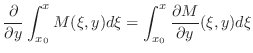 $\displaystyle \frac{\partial}{\partial y}\int_{x_{0}}^{x}M(\xi,y)d\xi = \int_{x_{0}}^{x}\frac{\partial M}{\partial y}(\xi,y)d\xi $