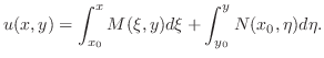 $\displaystyle u(x,y) = \int_{x_{0}}^{x}M(\xi,y)d\xi + \int_{y_{0}}^{y}N(x_{0},\eta)d\eta . $