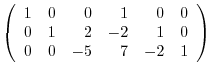 $\displaystyle \left(\begin{array}{rrrrrr}
1&0&0&1&0&0\\
0&1&2&-2&1&0\\
0&0&-5&7&-2&1
\end{array}\right)$