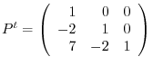$P^{t} = \left(\begin{array}{rrr}
1&0&0\\
-2&1&0\\
7&-2&1
\end{array}\right)$