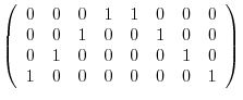 $\displaystyle \left(\begin{array}{rrrrrrrr}
0&0&0&1&1&0&0&0\\
0&0&1&0&0&1&0&0\\
0&1&0&0&0&0&1&0\\
1&0&0&0&0&0&0&1
\end{array}\right)$