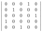 $\displaystyle \left\vert\begin{array}{rrrrr}
0&0&0&1&0\\
0&1&0&0&0\\
0&0&0&0&1\\
1&0&0&0&0\\
0&0&1&0&0
\end{array}\right\vert$