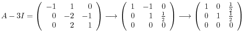 $\displaystyle A - 3I = \left(\begin{array}{rrr}
-1&1 & 0\\
0& -2 & -1\\
0&2&1...
...{array}{rrr}
1&0 & \frac{1}{2}\\
0&1&\frac{1}{2}\\
0 & 0&0
\end{array}\right)$