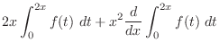 $\displaystyle 2x \int_{0}^{2x}f(t)\ dt + x^{2}\frac{d}{dx}\int_{0}^{2x}f(t)\ dt$