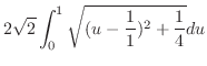 $\displaystyle 2\sqrt{2}\int_{0}^{1}\sqrt{(u - \frac{1}{1})^2 + \frac{1}{4}}du$