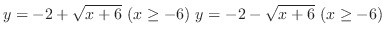 $\displaystyle{y = -2 + \sqrt{x + 6} \ (x \geq -6) \ y = -2 - \sqrt{x + 6} \ (x \geq -6)}$