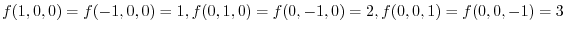 $\displaystyle f(1,0,0) = f(-1,0,0) = 1, f(0,1,0) = f(0,-1,0) = 2, f(0,0,1) = f(0,0,-1) = 3$