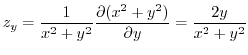 $\displaystyle z_{y} = \frac{1}{x^2 + y^2}\frac{\partial(x^2 + y^2)}{\partial y} = \frac{2y}{x^2 + y^2}$