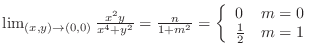 $\lim_{(x,y) \rightarrow (0,0)}\frac{x^2y}{x^4+y^2} = \frac{n}{1+m^2} = \left\{\begin{array}{ll}
0 & m = 0\\
\frac{1}{2} & m = 1\end{array}\right.$