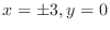 $\displaystyle{x = \pm 3, y = 0}$