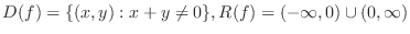 $\displaystyle{D(f) = \{(x,y): x+y \neq 0\}, R(f) = (-\infty,0) \cup (0,\infty)}$