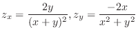 $\displaystyle{z_{x} = \frac{2y}{(x+y)^{2}}, z_{y} = \frac{-2x}{x^{2} + y^{2}}}$
