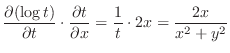 $\displaystyle \frac{\partial (\log{t})}{\partial t}\cdot \frac{\partial t}{\partial x} = \frac{1}{t}\cdot 2x = \frac{2x}{x^2 + y^2}$