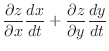 $\displaystyle \frac{\partial z}{\partial x}\frac{dx}{dt} + \frac{\partial z}{\partial y}\frac{dy}{dt}$