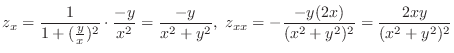 $\displaystyle{z_x = \frac{1}{1 + (\frac{y}{x})^2} \cdot \frac{-y}{x^2} = \frac{...
...2 + y^2},  z_{xx} = -\frac{-y(2x)}{(x^2 + y^2)^2} = \frac{2xy}{(x^2 + y^2)^2}}$