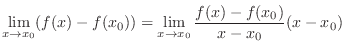 $\displaystyle \lim_{x \rightarrow x_{0}}(f(x) - f(x_{0})) = \lim_{x \rightarrow x_{0}}\frac{f(x) - f(x_{0})}{x - x_{0}}(x - x_{0})$