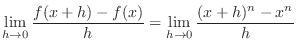 $\displaystyle \lim_{h \rightarrow 0} \frac{f(x + h) - f(x)}{h} = \lim_{h \rightarrow 0}\frac{(x+h)^{n} - x^n}{h}$