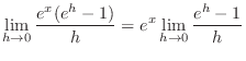 $\displaystyle \lim_{h \rightarrow 0}\frac{e^{x}(e^{h} - 1)}{h} = e^{x}\lim_{h \rightarrow 0}\frac{e^{h} - 1}{h}$