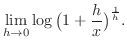 $\displaystyle \lim_{h \to 0}\log \big(1 + \frac{h}{x}\big)^{\frac{1}{h}}.$