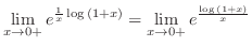 $\displaystyle \lim_{x \rightarrow 0+}e^{\frac{1}{x} \log{(1 + x)}} = \lim_{x \rightarrow 0+}e^{\frac{\log{(1+x)}}{x}}$