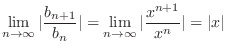 $\displaystyle \lim_{n \to \infty}\vert\frac{b_{n+1}}{b_n}\vert = \lim_{n\to \infty}\vert\frac{x^{n+1}}{x^n}\vert = \vert x\vert$