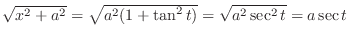 $\sqrt{x^2 + a^2} = \sqrt{a^2(1+\tan^{2}{t})} = \sqrt{a^2 \sec^{2}{t}} = a \sec{t}$