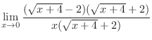 $\displaystyle \lim_{x \to 0} \frac{(\sqrt{x + 4} -2)(\sqrt{x+4} + 2)}{x(\sqrt{x+4} + 2)}$