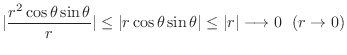 $\displaystyle \vert\frac{r^2\cos{\theta}\sin{\theta}}{r}\vert \leq \vert r\cos{\theta}\sin{\theta}\vert \leq \vert r\vert \longrightarrow 0   (r \rightarrow 0)$