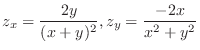 $\displaystyle{z_{x} = \frac{2y}{(x+y)^{2}}, z_{y} = \frac{-2x}{x^{2} + y^{2}}}$