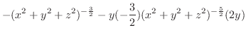 $\displaystyle -(x^2 + y^2 + z^2)^{-\frac{3}{2}} -y(-\frac{3}{2})(x^2 + y^2 + z^2)^{-\frac{5}{2}}(2y)$