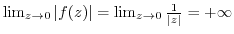 $\lim_{z \to 0}\vert f(z)\vert = \lim_{z \to 0}\frac{1}{\vert z\vert} = + \infty$