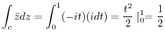 $\displaystyle \int_{c}\bar{z} dz = \int_{0}^{1}(-it) (i dt) = \frac{t^2}{2} \mid_{0}^{1} = \frac{1}{2}$