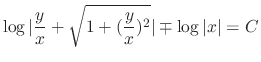 $\displaystyle \log\vert\frac{y}{x} + \sqrt{1 + (\frac{y}{x})^2}\vert \mp \log\vert x\vert = C$