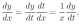 $\displaystyle \frac{dy}{dx} = \frac{dy}{dt}\frac{dt}{dx} = \frac{1}{x}\frac{dy}{dt}, $