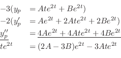 \begin{displaymath}\begin{array}{ll}
-3(y_{p} & = Ate^{2t} + Be^{2t})\\
-2(y_{p...
...Be^{2t}}\\
te^{2t} & = (2A - 3B)e^{2t} -3Ate^{2t}
\end{array}\end{displaymath}