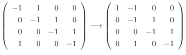 $\displaystyle \left(\begin{array}{rrrr}
-1&1&0&0\\
0&-1&1&0\\
0&0&-1&1\\
1&0...
...in{array}{rrrr}
1&-1&0&0\\
0&-1&1&0\\
0&0&-1&1\\
0&1&0&-1
\end{array}\right)$