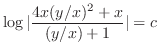 $\displaystyle \log{\vert\frac{4x(y/x)^2 + x}{(y/x) + 1}\vert} = c $