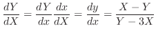 $\displaystyle \frac{dY}{dX} = \frac{dY}{dx}\frac{dx}{dX} = \frac{dy}{dx} = \frac{X - Y}{Y - 3X} $