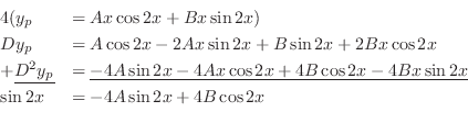 \begin{displaymath}\begin{array}{ll}
4(y_{p} &= Ax \cos{2x} + Bx\sin{2x}) \\
D...
...\sin{2x}} \\
\sin{2x} & = -4A\sin{2x} + 4B\cos{2x}
\end{array}\end{displaymath}