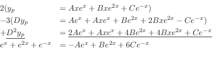 \begin{displaymath}\begin{array}{ll}
2(y_{p} &= Ax e^{x} + Bxe^{2x} + Ce^{-x}) ...
... + e^{2x} + e^{-x} & = -Ae^{x} + Be^{2x} + 6Ce^{-x}
\end{array}\end{displaymath}