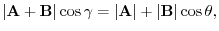 $\displaystyle \vert{\bf A+B}\vert\cos{\gamma} = \vert{\bf A}\vert + \vert{\bf B}\vert\cos{\theta},$