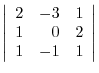 $\displaystyle \left\vert\begin{array}{rrr}
2&-3&1\\
1&0&2\\
1&-1&1
\end{array}\right\vert$