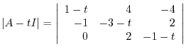 $\displaystyle \vert A - t I\vert = \left\vert\begin{array}{rrr}
1-t & 4 & -4\\
-1&-3 - t & 2\\
0 & 2& -1 - t
\end{array}\right\vert$