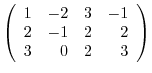 $\left(\begin{array}{rrrr}
1&-2&3&-1\\
2&-1&2&2\\
3&0&2&3
\end{array}\right)$