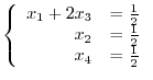 $\displaystyle \left\{\begin{array}{rr}
x_{1} + 2x_{3} & = \frac{1}{2}\\
x_{2} & = \frac{1}{2}\\
x_{4} & = \frac{1}{2}
\end{array}\right. $