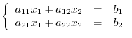 $\displaystyle \left \{ \begin{array}{rrl}
a_{11}x_{1} + a_{12}x_{2} &=& b_{1} \\
a_{21}x_{1} + a_{22}x_{2} &=& b_{2}
\end{array}\right. $